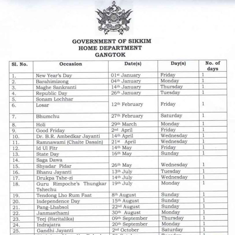 Sikkim Government Holidays List 2021 pdf Bank Holidays in Sikkim 2021
