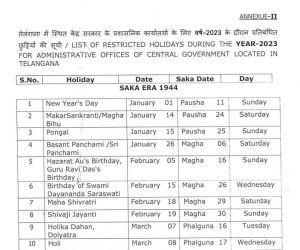 Closed Holidays In 2023 In All Central Government Offices In Telangana ...