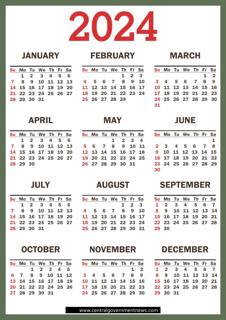 Central Government Holiday Calendar in India 2024