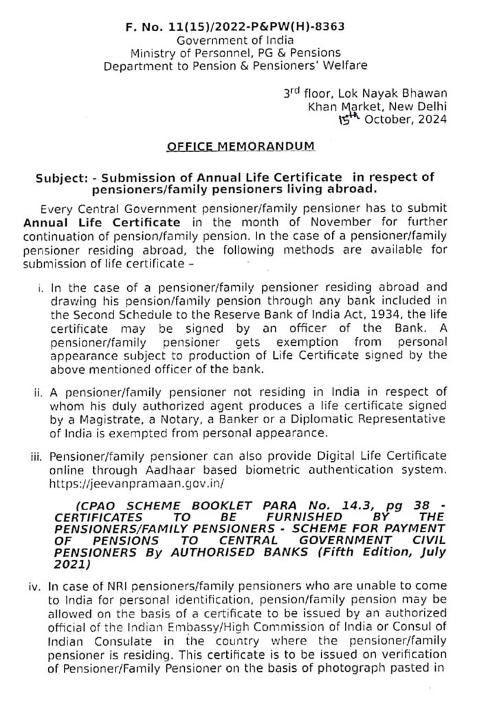 Submission of Annual Life Certificate in respect of pensioners/ family pensioners living abroad